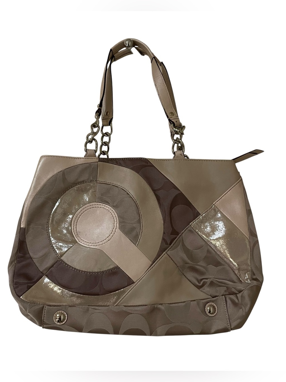 Coach Inlaid Patchwork Leather Chain Tote Bag F20013 Light Brown Y2K